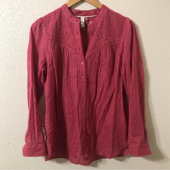 Pilcro Anthropologie The Victoria Shimmer Striped Blouse in Pink - Size 6 - Picture 1 of 7